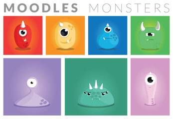 Set of seven colorful cartoon monsters representing different emotions