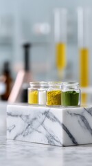 White Marble Podium Showcasing Superfood Powders Spirulina Turmeric Moringa in Laboratory Setting