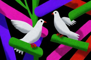 White Doves Soaring and Perched Amid Abstract Colorful Bandages Symbolizing Peace and Healing