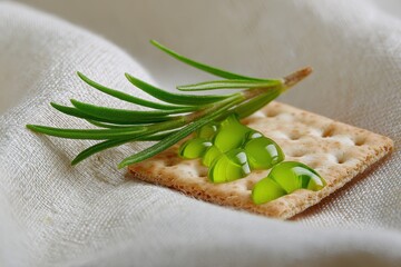 Whole Grain Cracker with Herb Topped Oil Droplets on Textured Fabric Close Up