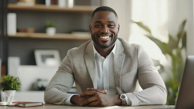 Confident Professional: A portrait of a smiling, African professional exudes confidence and approachability, seated at a desk. Showcasing poise and optimism, embodying leadership in the workplace.