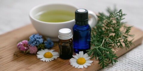 Wooden Table with Green Tea Cup and Essential Oils for Botanical Relaxation