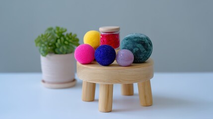 Wooden Therapy Table Displaying Colorful Stress Balls and Mindfulness Jar for Mental Health Tools