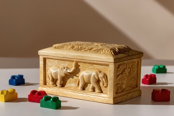 Wooden Toy Chest Carved with Elephants and Foliage Surrounded by Colorful Blocks