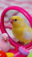 Yellow Canary Exploring Colorful Toys Near Pink Mirror in Playful Setting