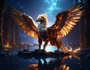 Enigmatic legendary griffin with wings gliding above a hidden lagoon in fantasy art style