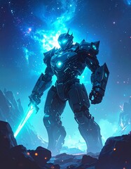 Fototapeta premium Epic mech warrior robot standing in front of a galaxy with bright turquoise glow textures