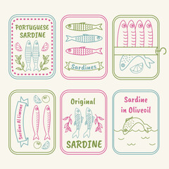 Hand drawn sardine tin illustrations. Vintage doodle style canned fish labels. Portuguese sardines, lemon olive oil seafood, retro fish packaging icons. Coastal Mediterranean product sketch art.