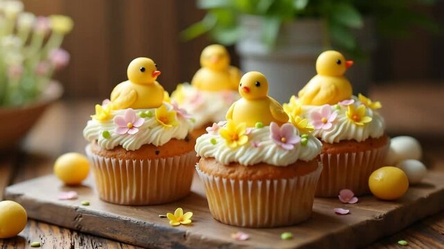 Easter cupcakes decorated with yellow chicks and pastel flowers. Festive Easter cupcakes are perfect for spring celebrations. Delicious Easter treats for family gatherings and holiday celebrations.
