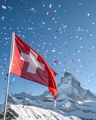 National day celebration August 1, Switzerland; Alpine Flag Waving with Confetti