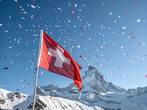 National day celebration August 1, Switzerland; Alpine Flag Waving with Confetti