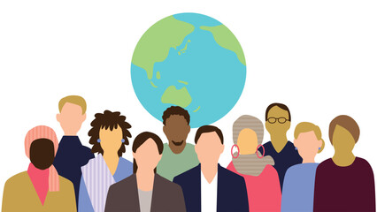 地球を背景に並ぶいろんな国の人物たちの上半身