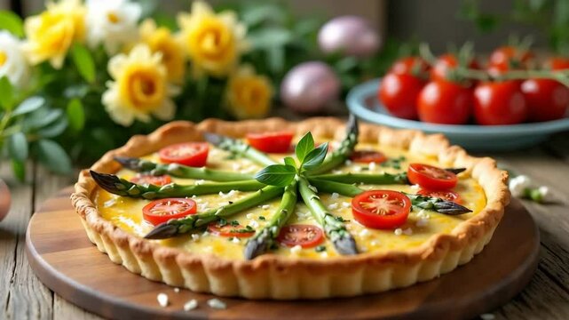 Delicious Easter quiche with asparagus and cherry tomatoes. Easter quiche features fresh asparagus spears arranged in a circle, complemented by vibrant cherry tomatoes.