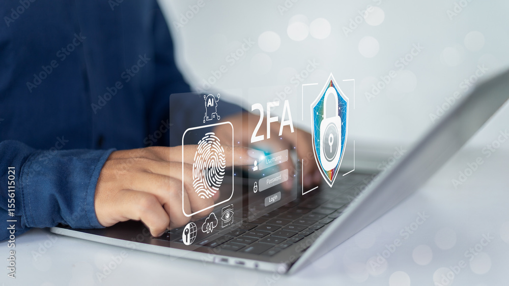 Poster close-up of hands typing on a laptop with 2fa biometric fingerprint authentication and an ai icon,