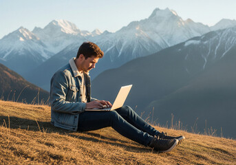 Fototapeta premium Remote Work in the Mountains Man Using Laptop with Stunning Mountain View
