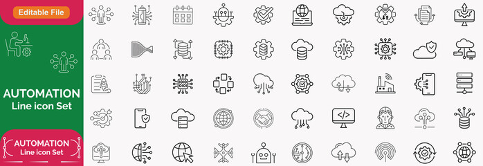 Automation icon. Big Ai icon set. Minimal icons set. Related to optimisation, process, development, tech, innovation. Vector illustration in modern line style.