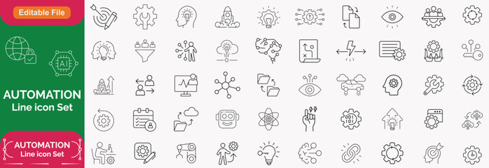 Automation icon. Big Ai icon set. Minimal icons set. Related to optimisation, process, development, tech, innovation. Vector illustration in modern line style.