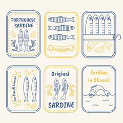 Hand drawn sardine tin illustrations. Vintage doodle style canned fish labels. Portuguese sardines, lemon olive oil seafood, retro fish packaging icons. Coastal Mediterranean product sketch art.