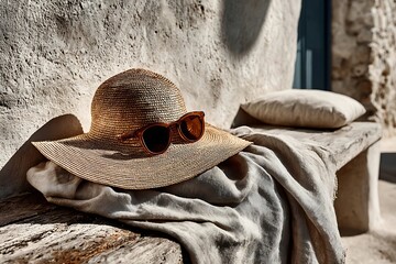 A tranquil outdoor scene with a straw hat and sunglasses resting on a wooden bench, inviting relaxation and rest. A cozy, sun-drenched location, ideal for quiet moments of leisure