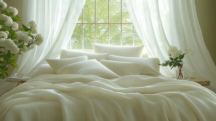 bright bedroom interior in white tones natural lighting concept
