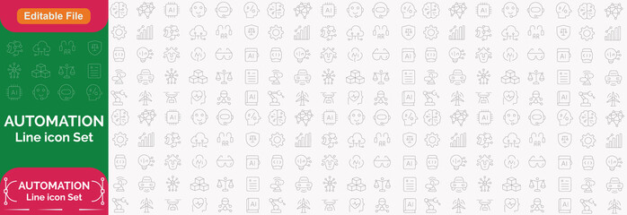 Automation line icon set with editable stroke, featuring intelligent process, finance automation, user interface, business model, digital optimisation, algorithm, BPM. illustration.