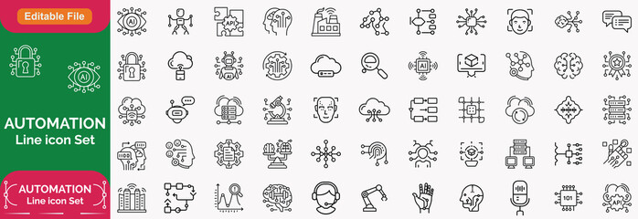 Automation icon. Big Ai icon set. Minimal icons set. Related to optimisation, process, development, tech, innovation. Vector illustration in modern line style.
