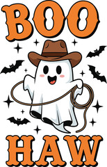 Boo Haw funny western Halloween design with a cute ghost in a cowboy hat holding a lasso.