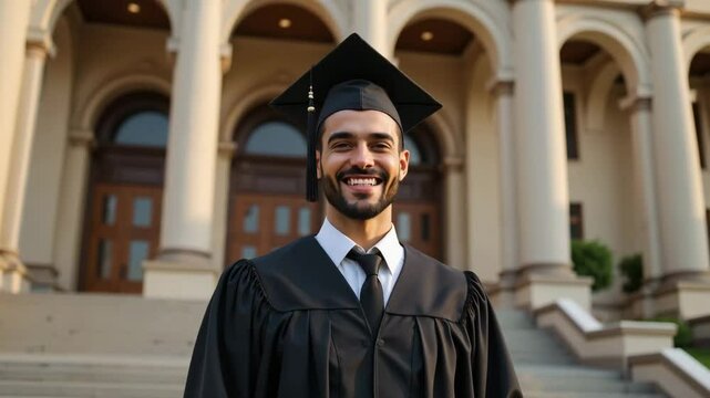 Happy graduate man in academic gown and cap poses on university building steps. Graduation ceremony celebration. - Powered by Adobe