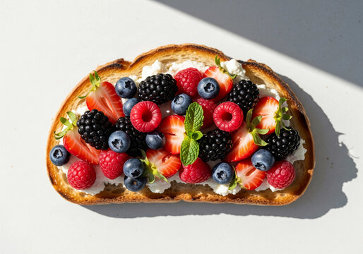 A vibrant and healthy fruit toast topped with strawberries, blueberries, raspberries, cottage cheese, and mint on toasted bread. Perfect for breakfast, brunch, or a clean eating lifestyle.