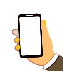 Mobile phone with white screen on male hand isolated on white background vector illustration