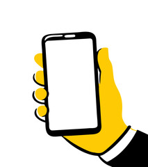 Mobile phone with white screen on male hand isolated on white background vector illustration