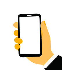 Mobile phone with white screen on male hand isolated on white background vector illustration