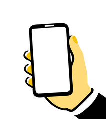 Mobile phone with white screen on male hand isolated on white background vector illustration