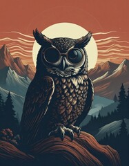 A highly stylized engraving-style illustration of an owl, wearing oversized round sun 