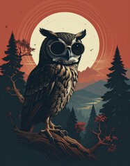 A highly stylized engraving-style illustration of an owl, wearing oversized round sun 