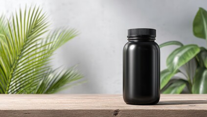 Black bottle on wooden surface, tropical plants