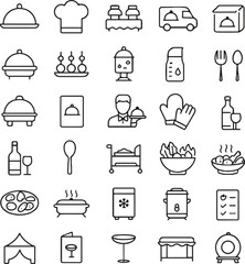 Collection of catering and restaurant service icons in outline style