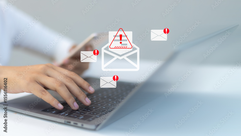 Poster close-up of a person checking email on a laptop and smartphone with warning icons indicating spam or