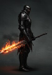 Full-body concept art of a fantasy knight clad in black armor, holding a sword engulfed in flames.