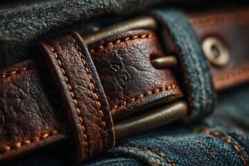 A close-up shot of a brown leather belt with a metallic buckle fastened around the jeans