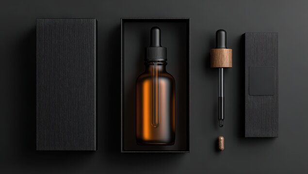 Amber glass dropper bottle in black box packaging