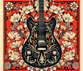 Artistic illustration of a decorative guitar surrounded by floral patterns