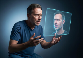 Man Examining Holographic Projection of Himself, Futuristic Technology Concept