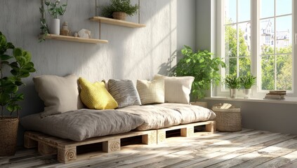 Relaxing pallet couch near a bright window in a sunlit, plant-filled living room