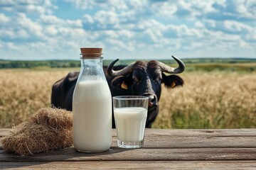 A notion of fresh dairy items and tasty drink is depicted by glass bottle of buffalo milk tiny glass over wood table with buffalo in farm field setting, Generative AI.