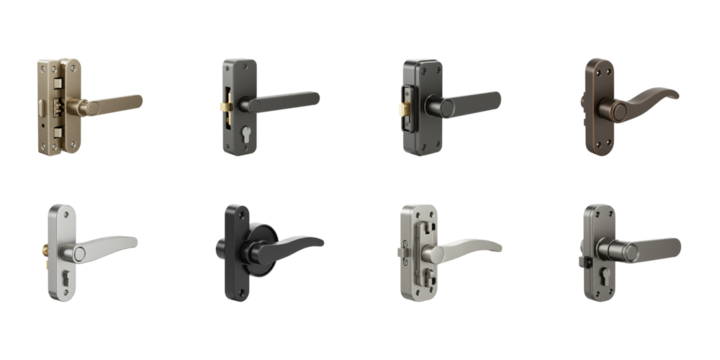 A Display of Door Handles: Eight meticulously arranged door handles, showcasing diverse designs and finishes. Each handle stands out, with individual appeal and showcasing elegance and functionality