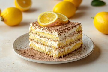 A dish with layers of vivid zesty lemon mascarpone bit of lemon tiramisu over pale beige setting depicts healthy and tasty meal, Generative AI.