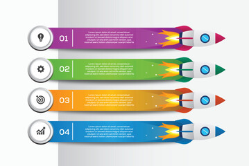 Colorful 4 step rocket infographic with numbered banners and icons on light background.