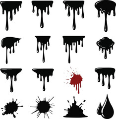 Create a kinds of deferent Dripping oil stain. Liquid ink, paint drip and drop of drippings stains watercolor splash, blood or sauce spray. Black drips resin inked drops isolated vector .