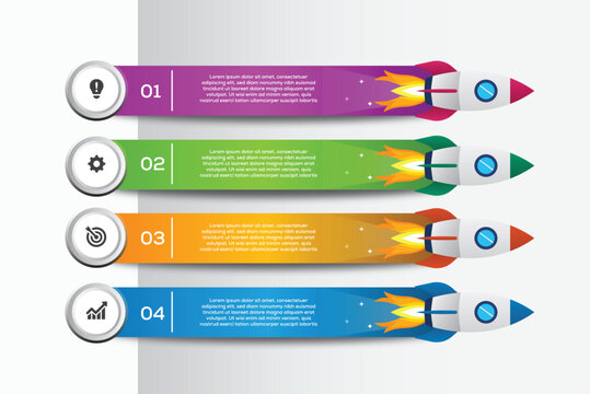 Colorful 4 step rocket infographic with numbered banners and icons on light background.